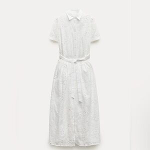 Zara White Broderie Midi Dress with Self-Tie Waist